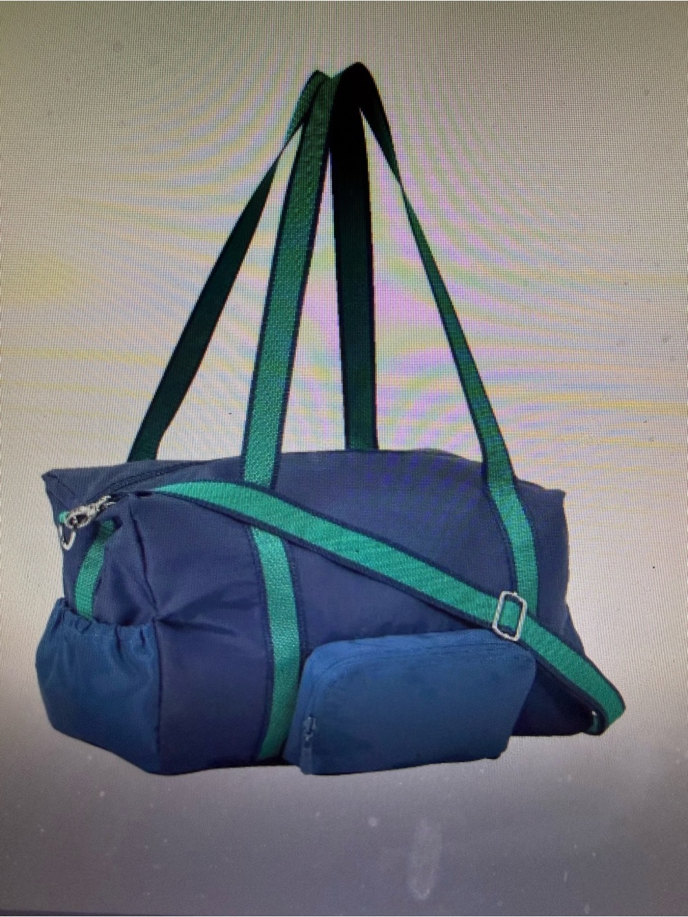 Thirty One Packaway Duffle Bag Navy and Leaf Green Colorblock